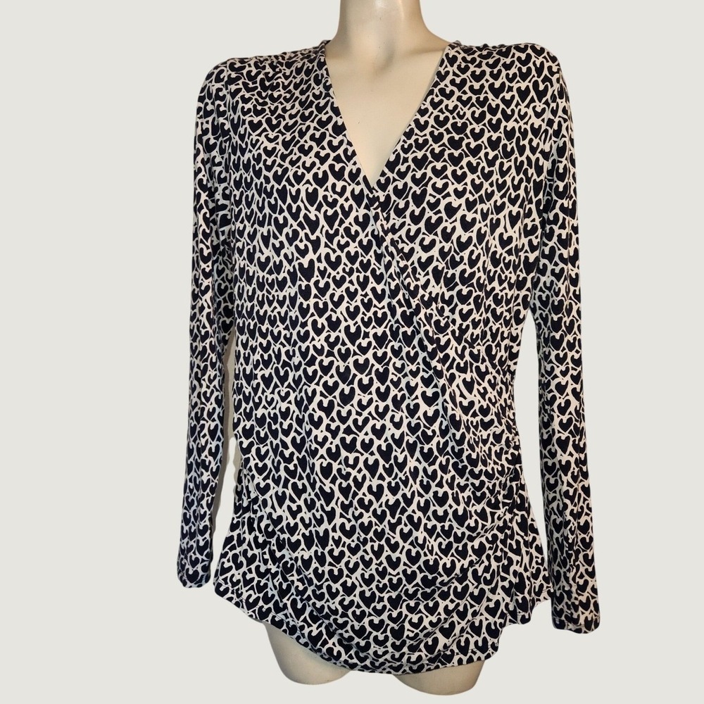 Boden Navy White Heart Print Faux Wrap Long Sleeve Top V-Neck W0097 US 16R